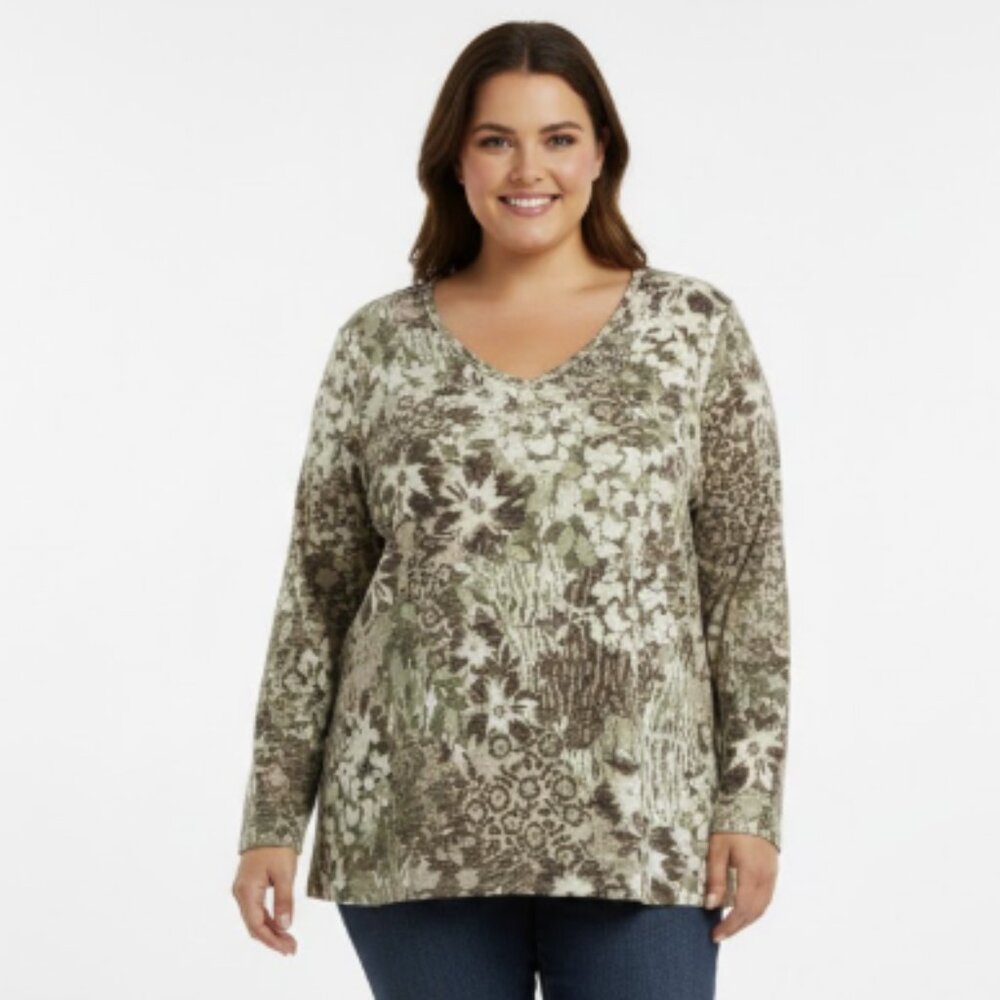 New Erika size XL Brown Gray Floral Abstract Stretch Knit Long Sleeve Blouse
